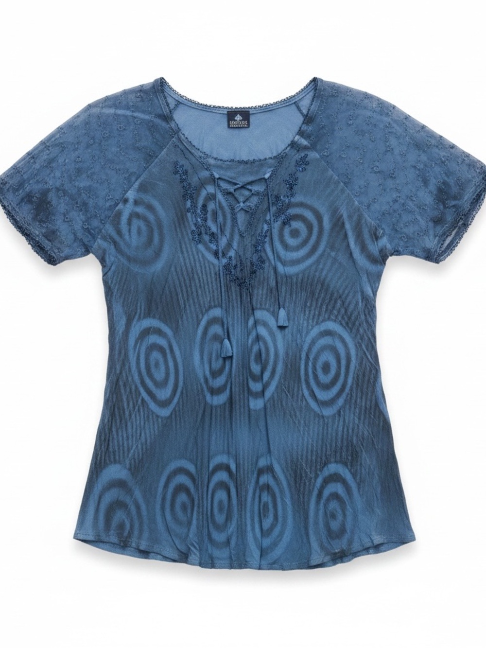 Advance Semi Sheer Blue Lace-Up Short Sleeve Boho Top Bust 39" Length 28"